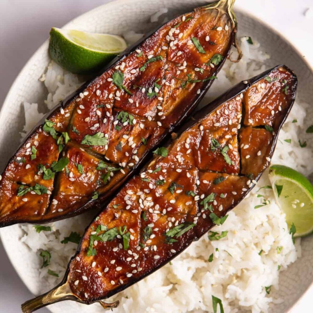 Photo of Japanese Eggplant with Sweet Miso (Nasu Dengaku) with rice. 