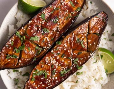 Photo of Japanese Eggplant with Sweet Miso (Nasu Dengaku) with rice.