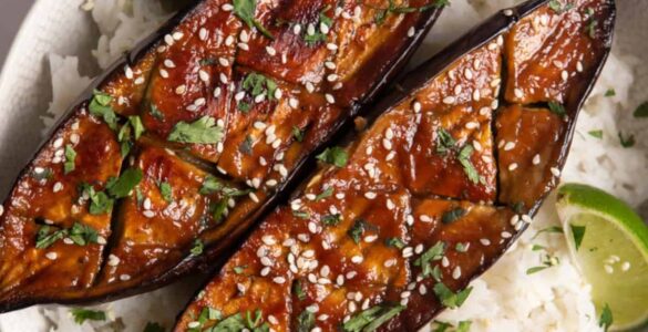 Photo of Japanese Eggplant with Sweet Miso (Nasu Dengaku) with rice.