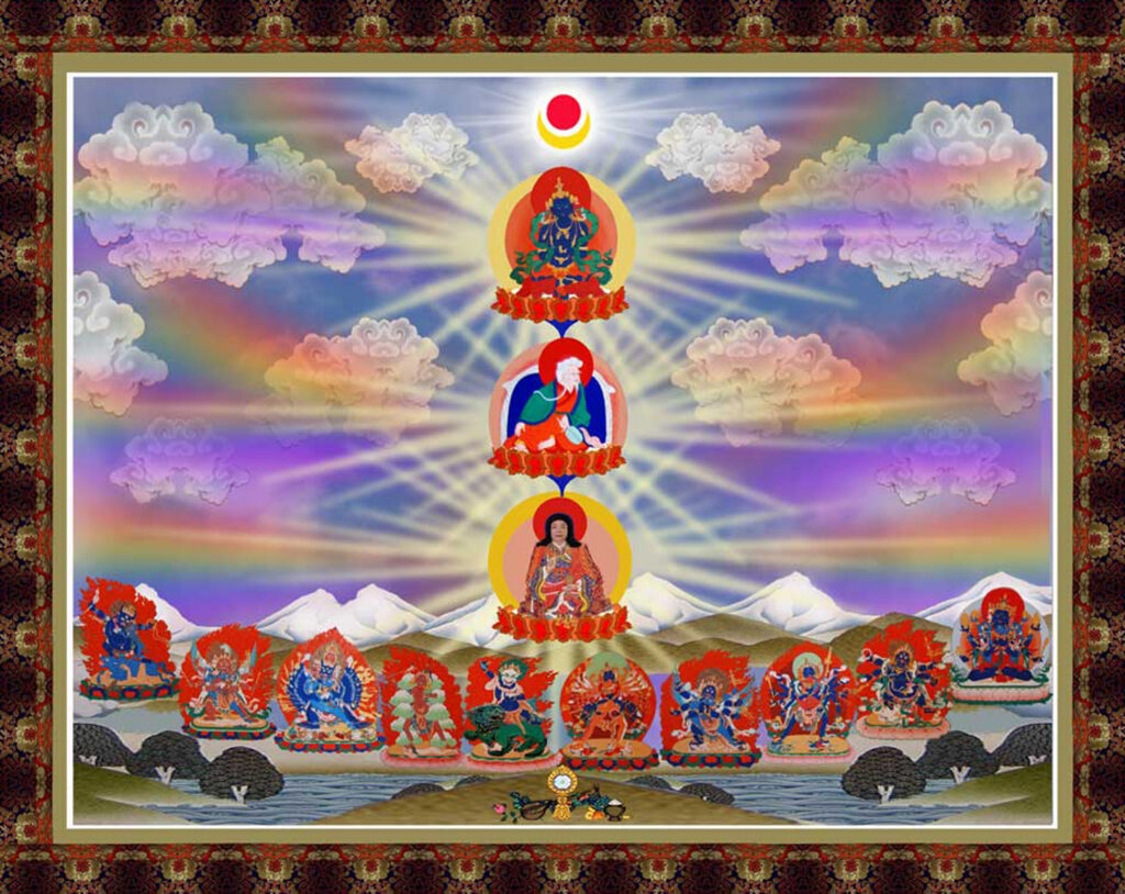 Photo of Dorje Chang Buddha Lineage Refuge Tree with The Dharma Protectors from left to right: Yama, Hayagriva, Yamataka, Ekajati, Lion Vajra, Kalachakra, Vajrakilaya, Chakrasamvara, Mahakala, Guhyasamaja.