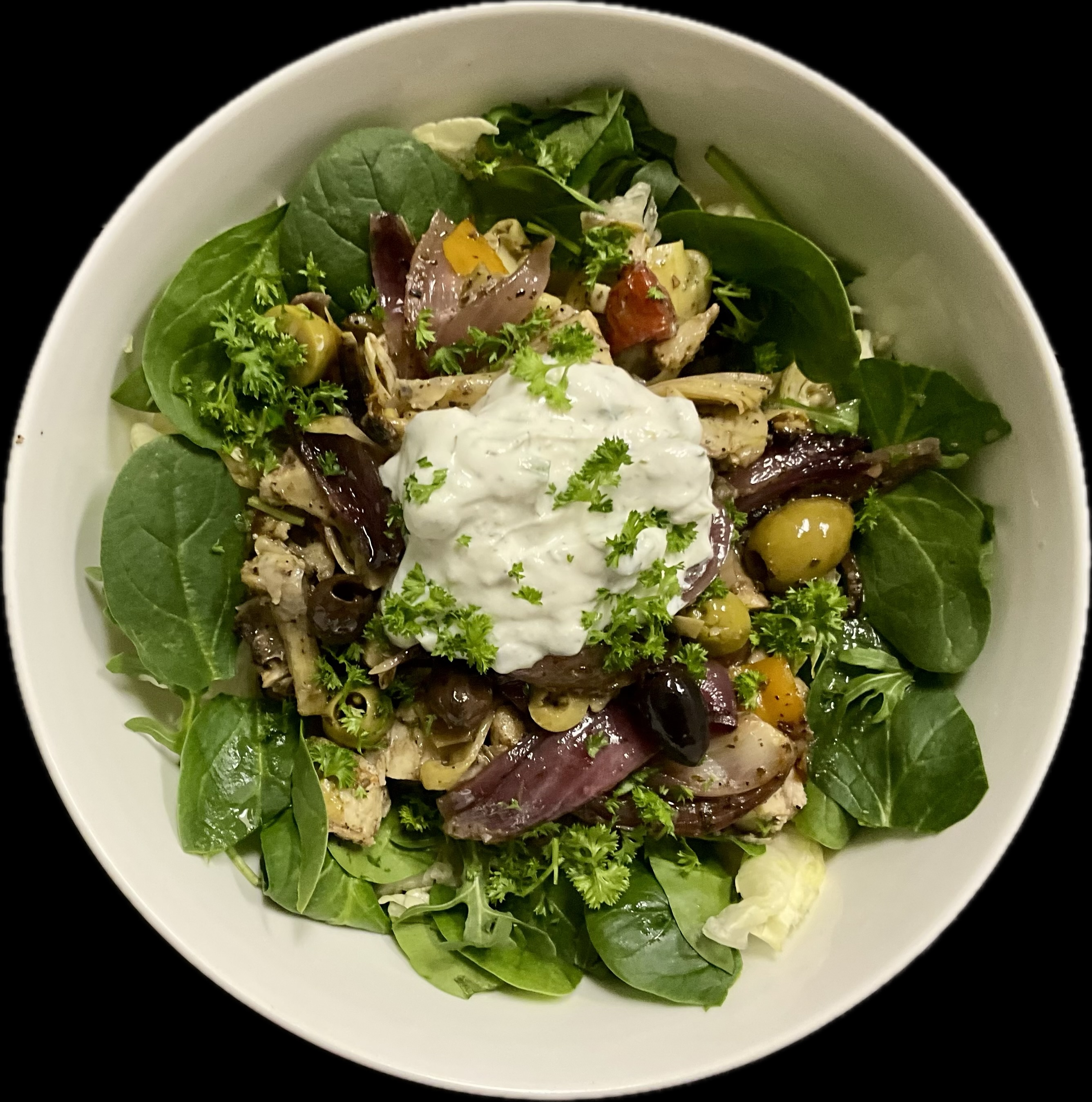 Photo of Greek Roasted Chicken Salad with Tzatziki Sauce.