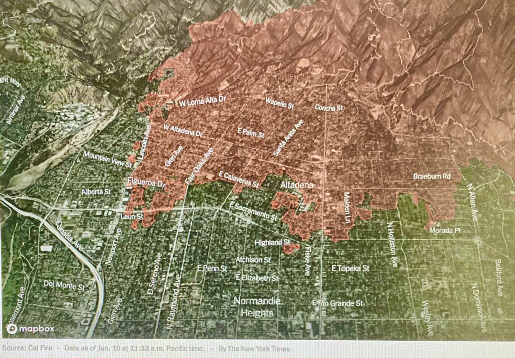 Photo of the area already burned by the Eaton FIre in Pasadena-Altadena, California, January 10, 2025.