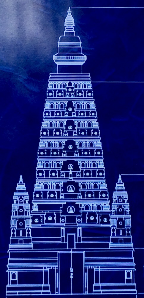 Photo of architectual drawing of Mahabodhi Stupa at Land of Medicine Buddha, Soquel, California.