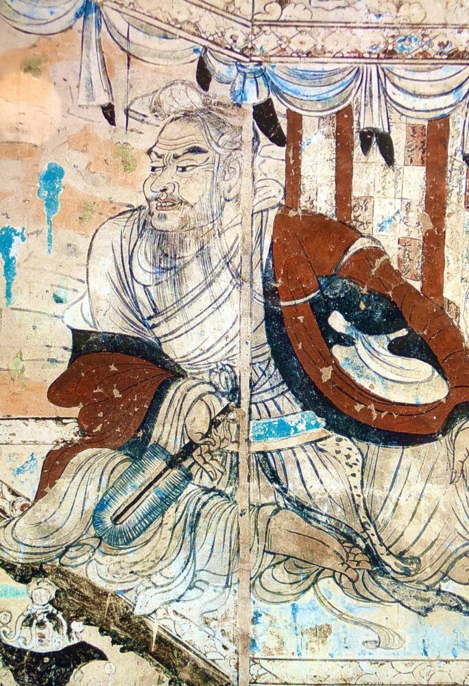 Venerable Vimalakirti debating Manjushri Bodhisattva. Tang Dynasty painting from the Dunhuang Caves