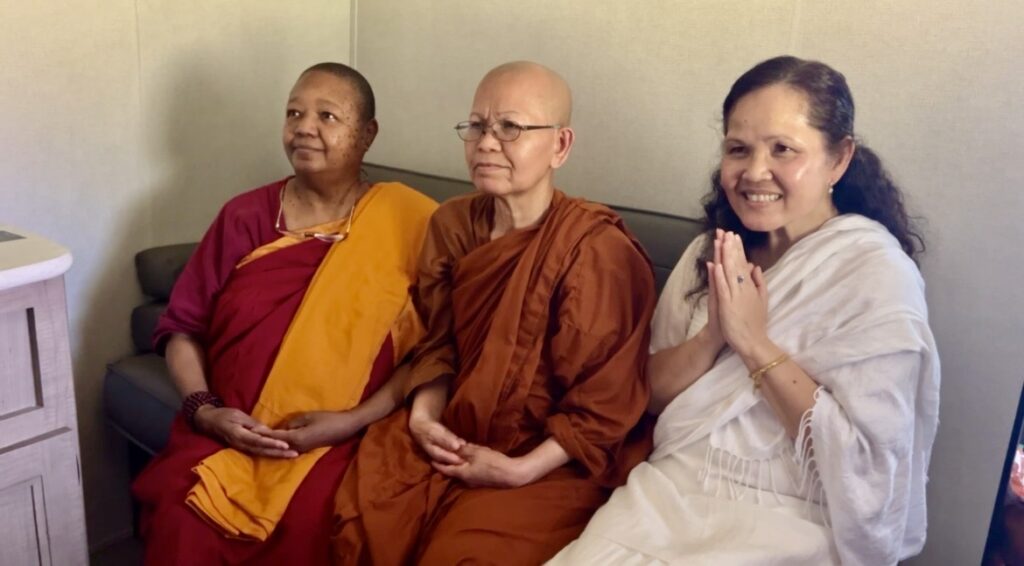 Venerable Pannavati, Ayya Saddha and Upasika Marlai Ouch joyfully sitting in the new dontated kuti/trailer (July 7 2024).