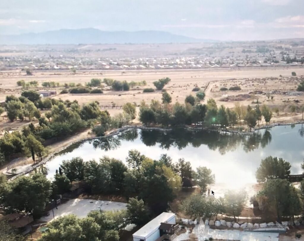 Aerial view of Holy Heavenly Lake at Buddha Town, Hesperia, California.