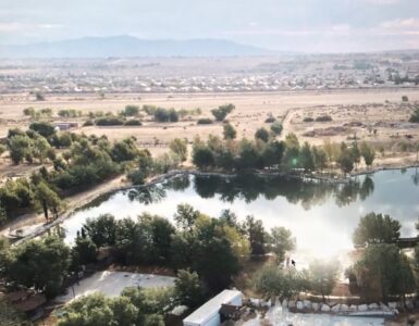 Aerial view of Holy Heavenly Lake at Buddha Town, Hesperia, California.