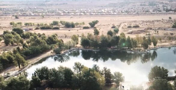 Aerial view of Holy Heavenly Lake at Buddha Town, Hesperia, California.