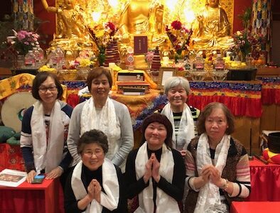 Photo of NYC students after retreat at Holy Vajrasana Temple. Top Row: Yvonne Zhen Bao Liang, Xiu Min Lin, Li Zheng; Bottom row: Judy Li Chu Chen, Mei Chi Wu, & Jennie Yan Zhen Chen.