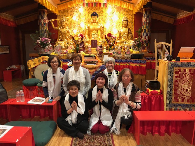 Photo of NYC students after retreat at Holy Vajrasana Temple. Top Row: Yvonne Zhen Bao Liang, Xiu Min Lin, Li Zheng; Bottom row: Judy Li Chu Chen, Mei Chi Wu, & Jennie Yan Zhen Chen.