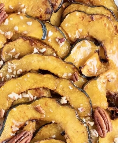 Photo of Air-fryer Acorn Squash with Maple Syrup & Cinnamon Pecan Sauce.  