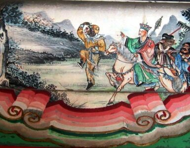 Photograph of painting depicting a scene from the Chinese classic Journey to the West. The painting shows the four heroes of the story, left to right: Sun Wukong, Xuanzang, Zhu Wuneng, and Sha Wujing. The painting is a decoration on the Long Corridor in the Summer Palace in Beijing, China. The photograph was taken by Rolf Müller on April 17, 2005.