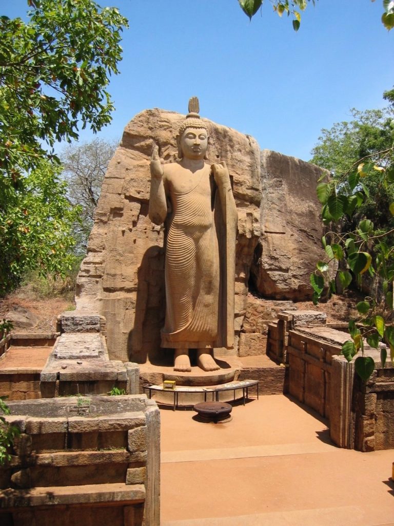 The Avukana Buddha Statue in remote north Central Sri Lanka is over 40-foot high. It dates to the 5th century and is still attached to the rock face on which it was carved.